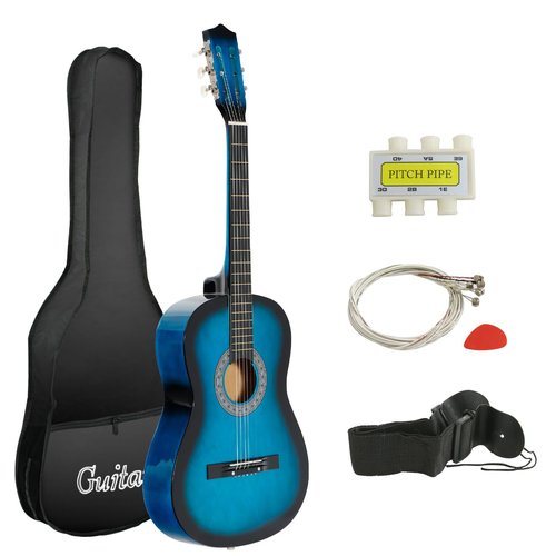 Smartxchoices 38" Kids Acoustic Guitar Bundle Kit for Starter Beginner Music Lovers, 6-String Folk Guitar with Gig Bag, Extra Set Steel Strings, Strap, Pitch Pipe and Pick (Blue)