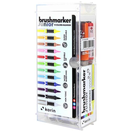 Karin Brushmarker PRO Junior 12pc Set - Safe, Super Washable Markers with 11 Vibrant Colors + Blender – Brush Tip Markers for Kids and Adults - 12 Water-based Brush Markers - for Budding Artists