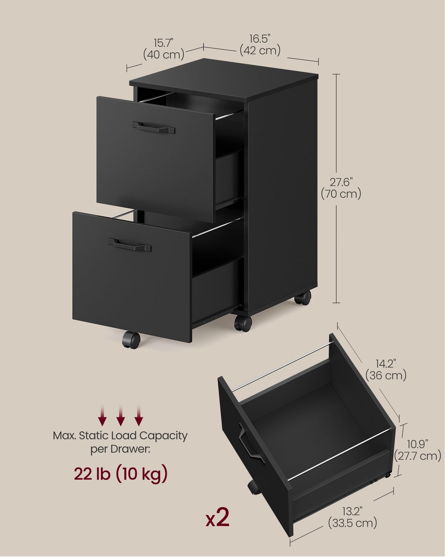 VASAGLE CUSTOS Collection - 2-Drawer File Cabinet, Small Rolling Filing Cabinet for Home Office, Printer Stand, for A4, Letter-Size Documents, 15.7 x 16.5 x 27.6 Inches, Matte Black UOFC040B16V2S