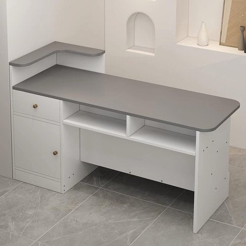 Reception Counter Table, L-Shape Cashier Cabinet With Open Shelves, Modern Retail Checkout Counter With Drawers, Welcome Desk for Convenience Store, Hotel, Beauty Salon
