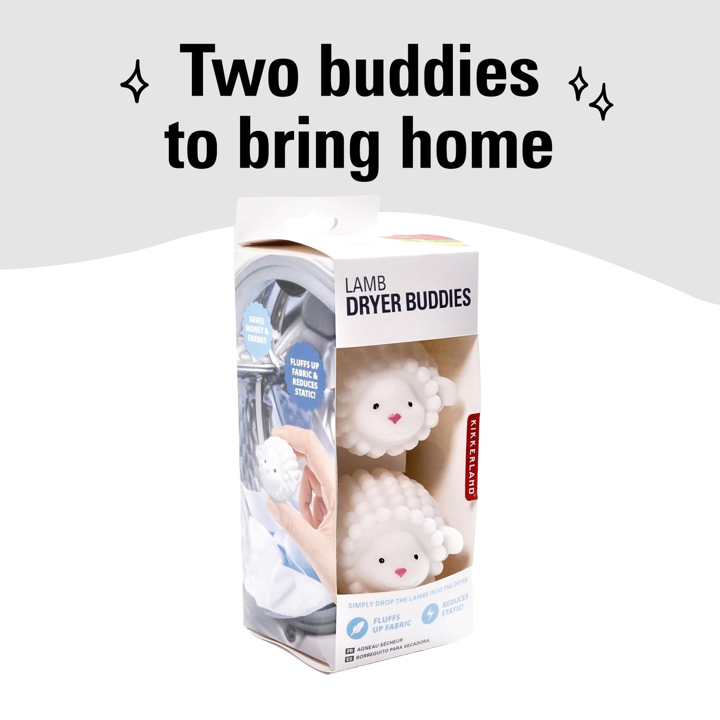 Kikkerland Set of Two Reusable Dryer Buddies for Laundry – Fabric Softener Dryer Balls – Control Static, Remove Wrinkles, Dry Clothes Faster, Lambs