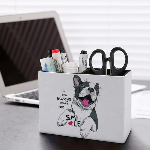 Niapessel Pencil Holder for Desk, Funny Boston Terrier Dog Pen Holder Storage Desktop Pen Organizer Desk Pencil Organizer Makeup Brush Holder for Office School College Leather