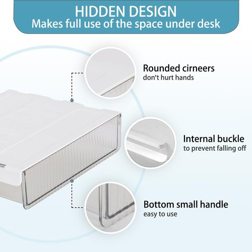 2 Pack Under Desk Storage Drawer Slide Out, Self Adhesive Under Table Drawer Organizer Clear