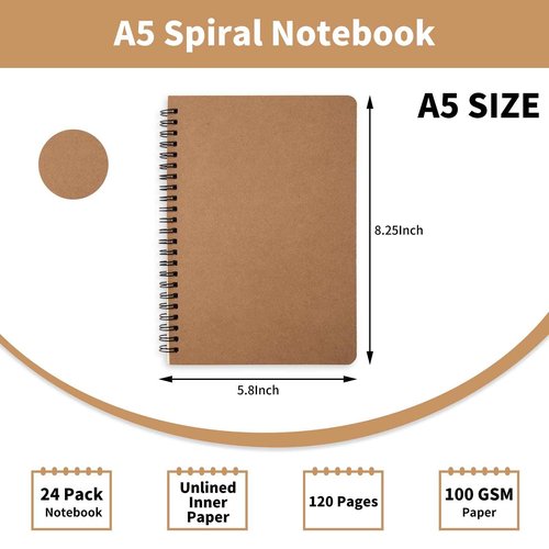 Principal Lines 24 Pack A5 Spiral Notebook,Soft Cover,Blank Sketch,Wire-Bound Journal Notebook,120 Pages, Unlined Paper Diary Notebook for Office, Business, School Supplies