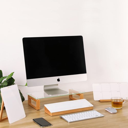 Glass Desktop Whiteboard with Wood Organizer for Small Office Accessories, Aesthetic Desk Dry Erase White Board with Drawer for Home Office Cubicle, Marker & Eraser Included, Yeoux