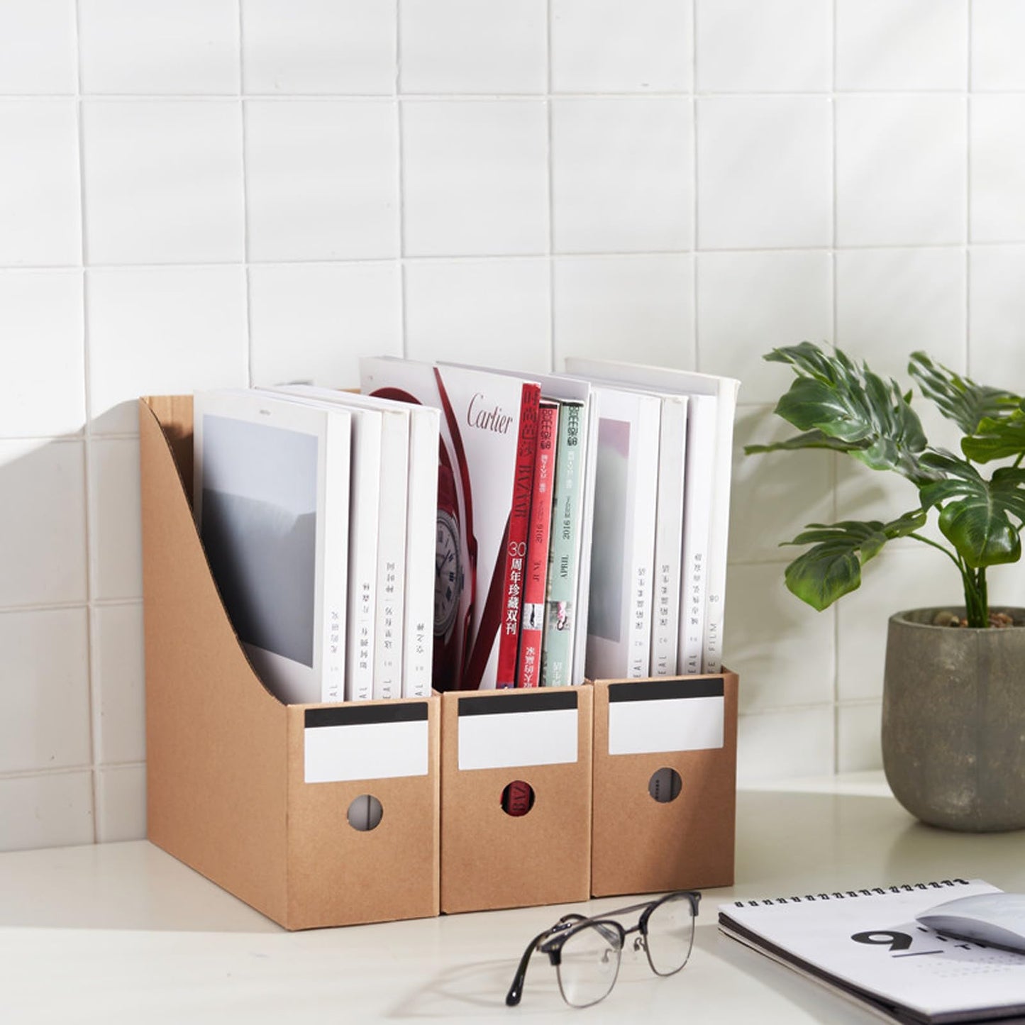 Vankcp 24 Pcs Cardboard Magazine File Holders, Magazine Book Bin Box With Label Stickers, Brown Bulk Kraft Magazines Organizer for Home Office, File Storage Boxes for Desk Shelves