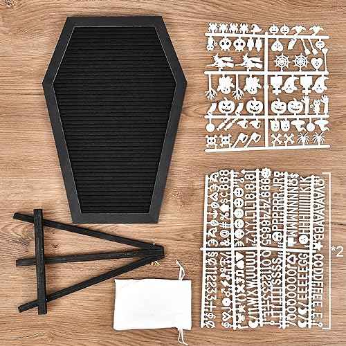Coffin Letter Board - 520 Characters Spooky Halloween Characters with Wooden Stand and Canvas Bag - 16x11 Inches - Felt Message Board for Home Office Halloween Supplies & Decor (Black)