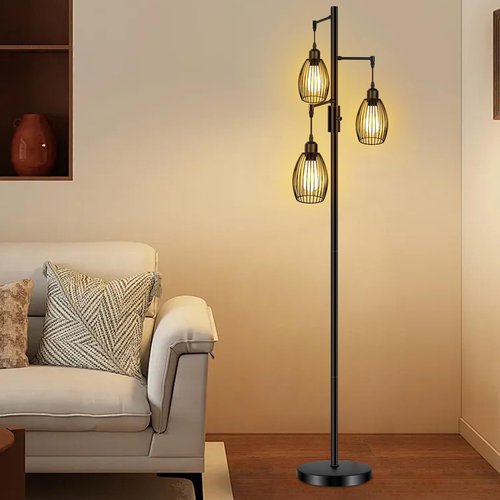 LTBLIGHT 68" Dimmable Floor Lamp - Industrial 3-Light Tree Design with Vintage LED Edison Bulbs, Adjustable Brightness for Living Room, Bedroom, Office (Black)