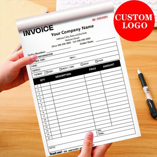 Custom Invoice Form with Your Company Name,Personalized Carbonless Sales Invoice Books Small Business Add Address,Phone and Number (Invoice-A+Logo, 2-Part [White/Yellow])