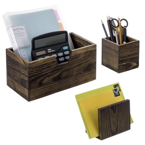 MyGift Magnetic Storage Trays, Rustic Burnt Solid Wood Magnet Office Supplies Baskets with Mail Sorter Slot, Stationery Organizers, and Marker Pen Holder Box, 3 Piece Set