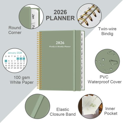 2026 Planner - Monthly Planner with Flexible Cover, Inner Pocket | 8.5" x 11", Green-B
