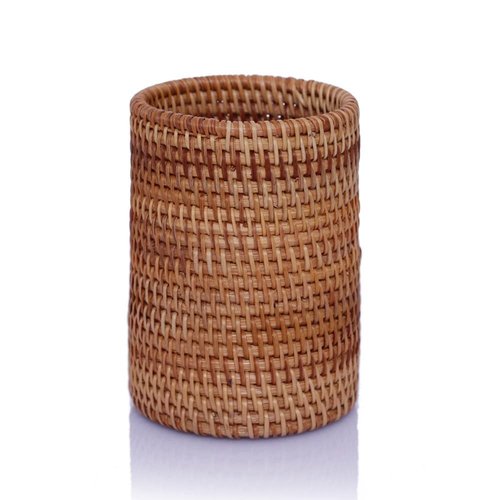 Handmade Vine Desk Organizer Pen Container Box Tea Caddy Makeup Brushes Holder Stand, Rattan Pencil Holder, Boho Table Décor Office Cups Organizer for Desk, Stationery, Flower Vase, Brown, (Cylinder)