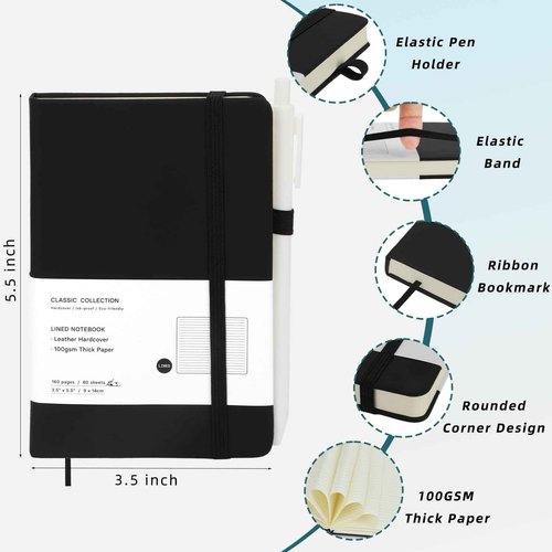 Coopay 12 Pack A6 Pocket Small Notebook with 12 White Pens Bulk Classic Hardcover Leather Journal Set with Pen Holder for Men Women Writing, Office, Home, School, Business, 100GSM, 3.5” x 5.5”, Black