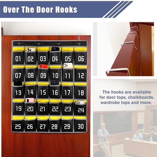 Loghot Classroom Pocket Chart - 30 Pocket Cell Phone Holder Organizer | Wall & Door Hanging - Black