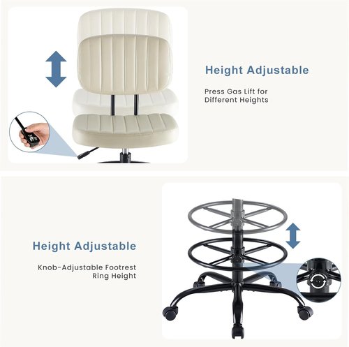 DUMOS Armless Drafting Chair - Ergonomic Low Back Office Seat with Adjustable Footrest | Beige Swivel Stool