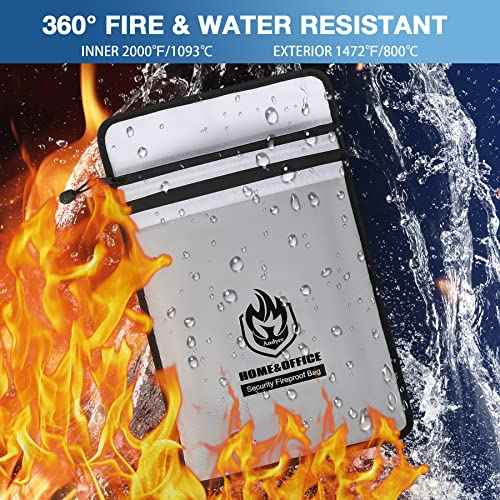 Upgraded Two Pockets Fireproof Document Bag (2000¢µ), andyer 15¡±x 11¡±Waterproof Fireproof Money Bag for Cash with Zipper, Important Document Storage Organizer for Valuables, Legal Documents Safe