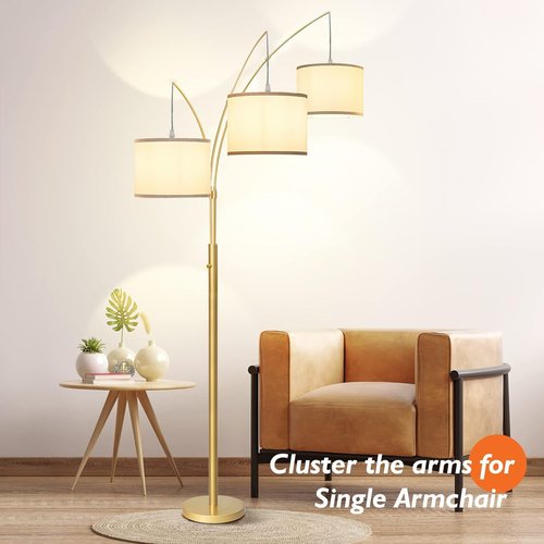 3 Lights Arc Floor Lamps for Living Room,Gold Modern Tall Standing Lamp Hanging Over The Couch with Shades & Heavy Base,Mid Century Black Tree Floor Lamp for Bedroom Office