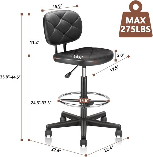KLASIKA PU Leather Rolling Bar Stool - Adjustable Height Drafting Chair with Wheels & Backrest - Black