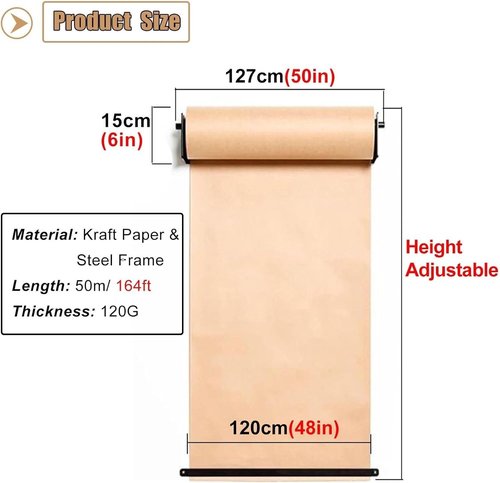 GWIKYNCW 12/24/36/48 Inch Wide Kraft Paper Roll with Dispenser, Hanging Butcher Paper Roll Dispenser and Cutter (White 48inch/120cm Wide)