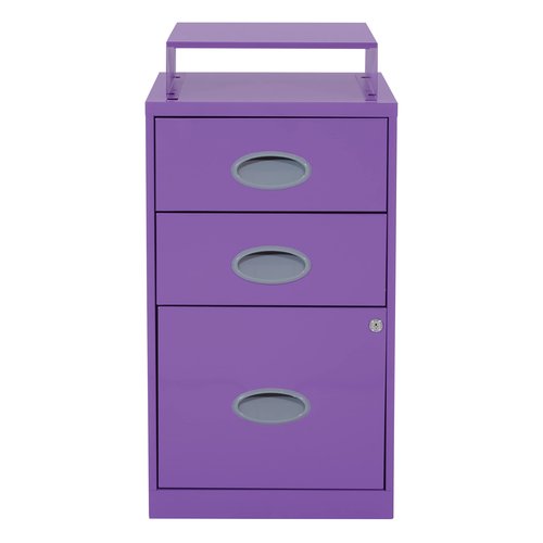 OSP Home Furnishings 3 Drawer Locking Metal File Cabinet with Top Shelf, Purple