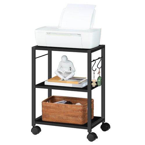 MAHANCRIS Printer Stand, 3-Tier Under Desk Rolling Cart with Storage Shelf, Heavy Duty Printer Table with Wheels for Home Office, Printer Shelf with 2 Hooks, for Small Spaces, Black PTHB4001V