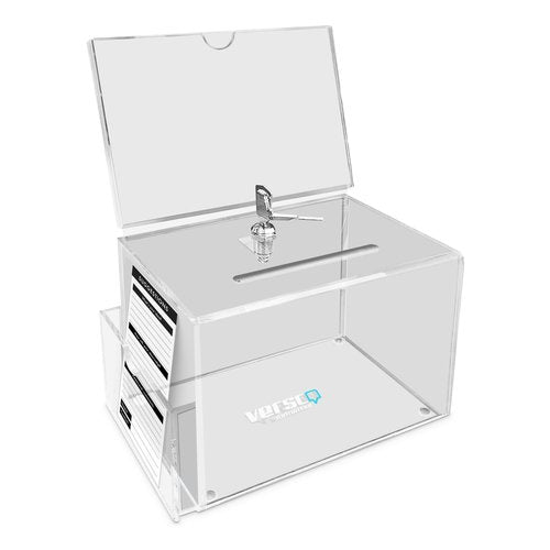 Versco Unlimited Modern Clear Acrylic Donation Box with Lock, Shelf and Sign Holder - 6.3x4x4.2 Inch Lockable Fundraising, Tip, and Ballot Box
