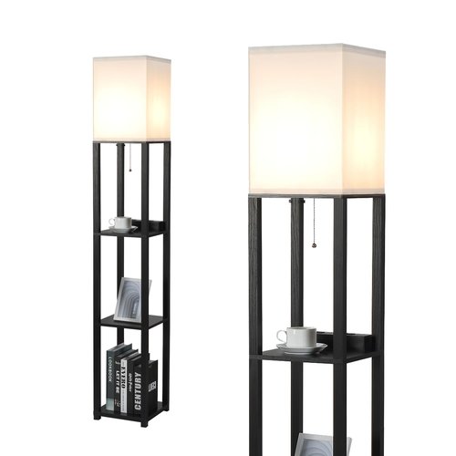 MITELSON Floor Lamp with Shelves and USB, USB-C & Power Outlets, Shelf Lamp with Charging Station, Modern Square Lamps for Living Room, Standing Floor Lamp for Bedroom and Office, Tall Lamp, Black