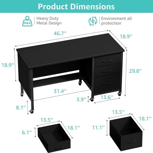 Regine Switzerland Rolling Teacher Desk - Mobile 47" Computer Desk with File Drawer & Privacy Panel | Modern Black Office Furniture