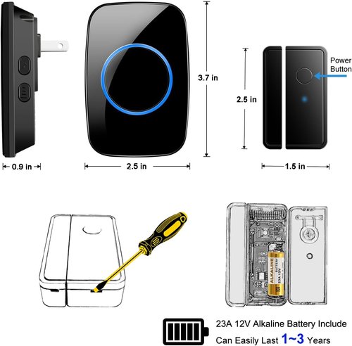 FullHouse Wireless Door Chime - 1000ft Range, 60 Chimes & 5 Volume Levels | Black, 4 Sensors + 2 Receivers