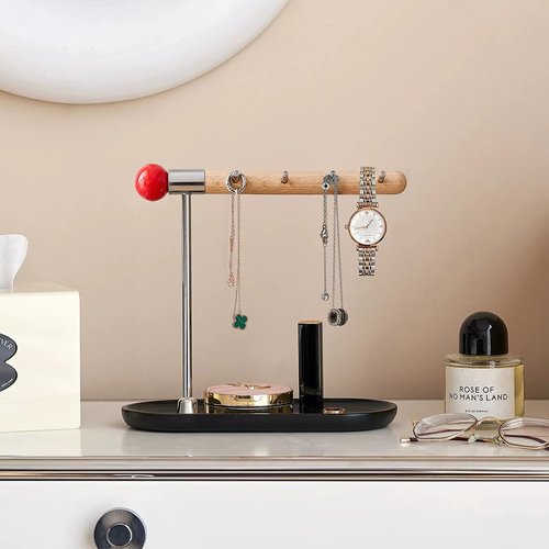 mollveesen Wood Entryway Key Holder for Standing, Storage Rack with 4 Hooks and Jewelry Tray,Multifunctional Desktop Supplies Holder，Bedroom Dresser Jewelry Organizer Rack for Necklace，Rings，Watches