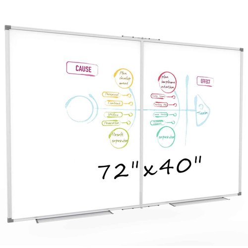 HIKINGO Large White Board for Wall, 72 x 40 inch Magnetic Dry Erase Whiteboard, Foldable Board Wall Mounted Silver Aluminum Frame with 2 Marker Trays for Office School & Home