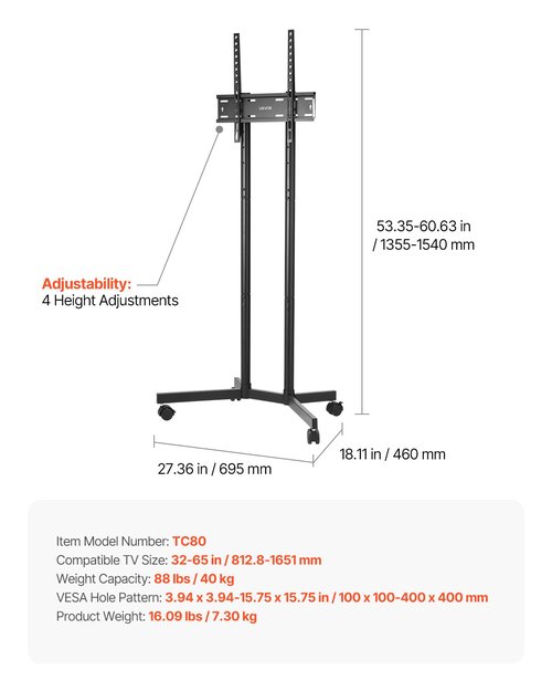 VEVOR Rolling TV Stand, Mobile TV Cart for 32-65 Inch Screens, Height Adjustable, Portable Monitor Stand with Wheels Holds up to 88 lbs for Living Room, Bedroom, Office, Outdoor, Max VESA 400x400mm