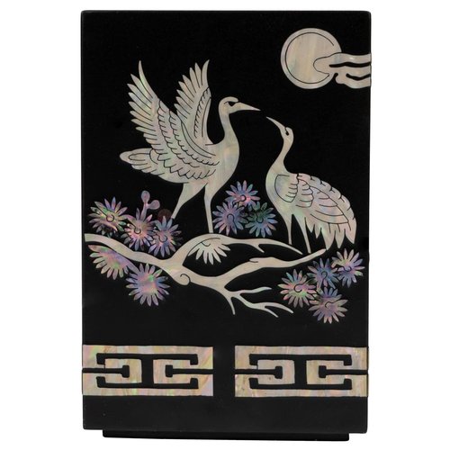 February Mountain Handcrafted Korean Mother-of-Pearl Pen Holder - Crane and Pine Tree Design, Elegant Black Lacquered Desk Organizer for Office or Home