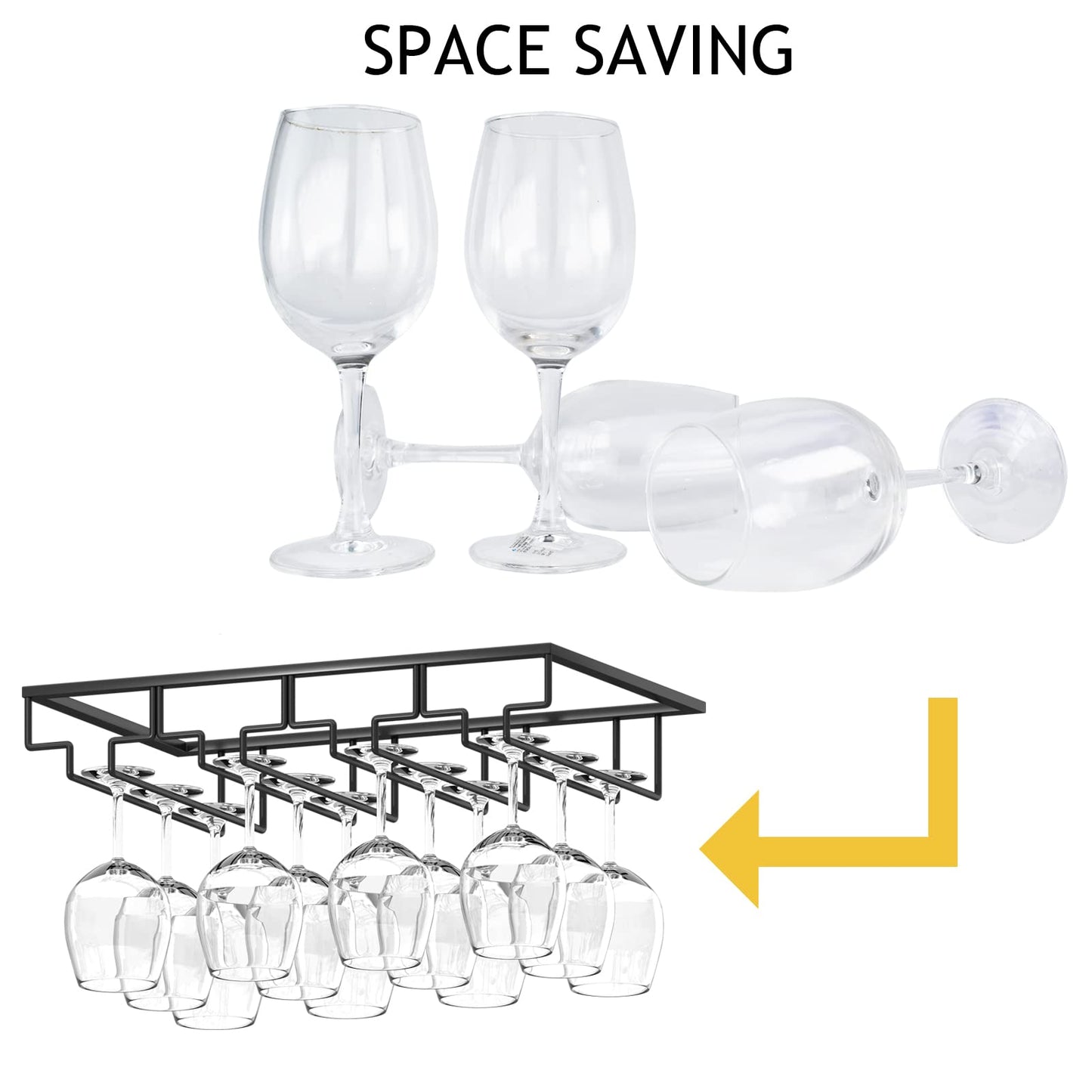 Wtiujhg Wine Glass Rack, Under Cabinet Stemware Rack Wine Glass Holder, 4 Rows Black Metal Wine Glass Storage Hanger Under Shelf for Cabinet Kitchen Bar