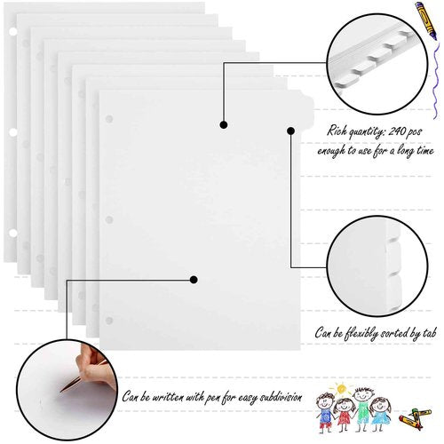 Harloon 30 Set 3 Ring Binder Dividers with 8 Tab, 1/8 Cut Tabs 240 Blank Binder Bulk 3 Hole Punch Divider 230 GSM Heavyweight Paper for School Office Home Class (White)