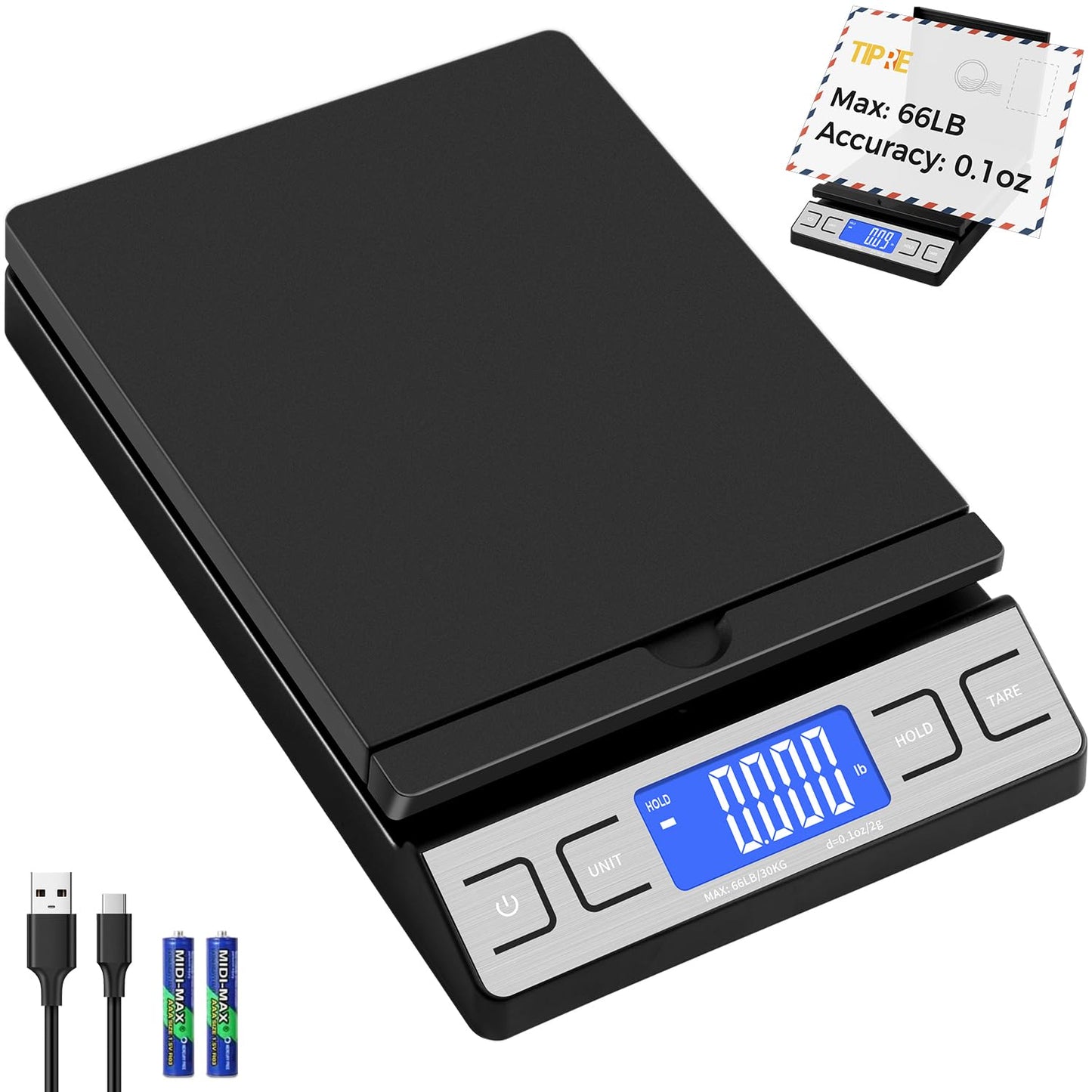 TIPRE Digital Shipping Postal Scale - 66lb Capacity with Envelope Holder & Tare Function | Black