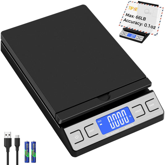 TIPRE Digital Shipping Postal Scale - 66lb Capacity with Envelope Holder & Tare Function | Black