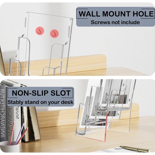Voittozege 2 Pcs Acrylic Brochure Holder, 4 Tier 6x9 inch Clear Literature Holder, Clear Flyer Holder Pamphlet Display Stand Literature Holder for Wall and Counter Desktop Stand