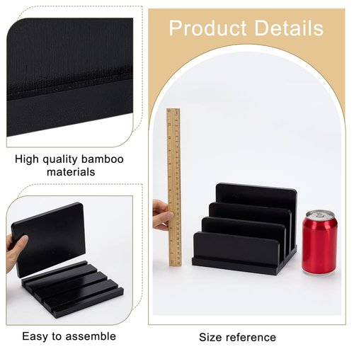 FINGERINSPIRE Black Bamboo Countertop Mail Holder with 4 Different Sizes Slots, Rectangle Bamboo Mail Organizer Vertical Desk Letter/File/Paper/Folder/Bill Holder for Home or Office Desktop