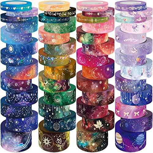 52 Rolls Washi Tape Set, Gold Foil Galaxy Washi Tape for Journaling Supplies, 4 Size Washi Tapes for Scrapbooking, DIY Journal Set, Craft, Gift Wrapping, Painting