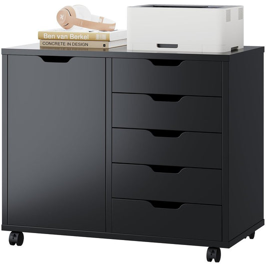 DUMOS 5 Drawer File Cabinet Office Drawers Organizer with Wheels Rolling, Under Desk Cabinets with Shelves and Door Printer Stand with Wood Board Metal Frame for Home Office Storage Craft Room, Black