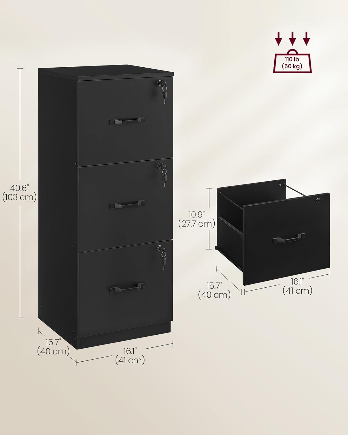 VASAGLE 3-Drawer Vertical File Cabinet - Lockable Storage for Home Office | Adjustable for A4 & Letter Size Files - Ink Black