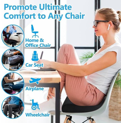 Seat Cushion - Memory Foam Cushion for Office Chair, Car Seat, Airplane, Bleacher - Sciatica & Hip & Coccyx Pain Relief Desk Chair Cushion for Long Sitting Office Workers, Car Drivers