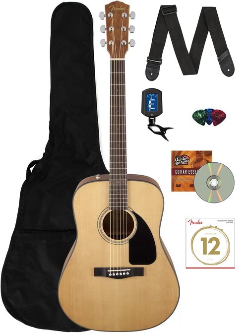 Fender CD-60 Dreadnought Acoustic Guitar - Natural Bundle with Gig Bag, Tuner, Strap, Strings, Picks, Instructional Book, and Austin Bazaar Instructional DVD