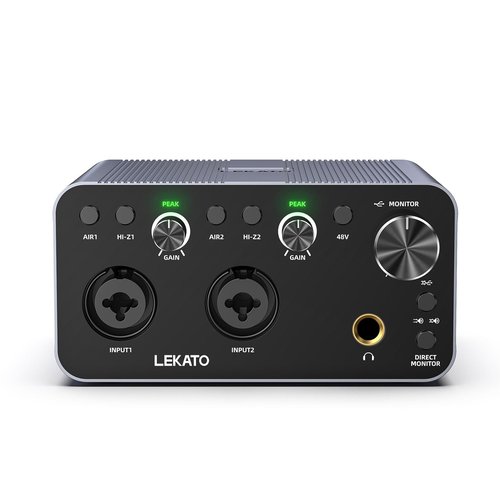 LEKATO 2i2 USB Audio Interface, 24-bit/192kHz Audio Interface with XLR, 48V Phantom Power for Smartphone Computer Recording, Streaming, Guitar, Music Production, Podcast