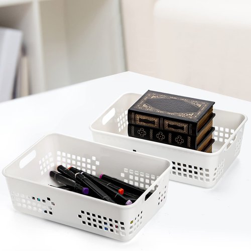 Jucoan 6 Pack White Plastic Storage Baskets, 12 X 8 X 4 Inch Large Plastic Storage Organizer Tray Bin with Handles for Classroom, Drawer, Closet, Bathroom Kitchen