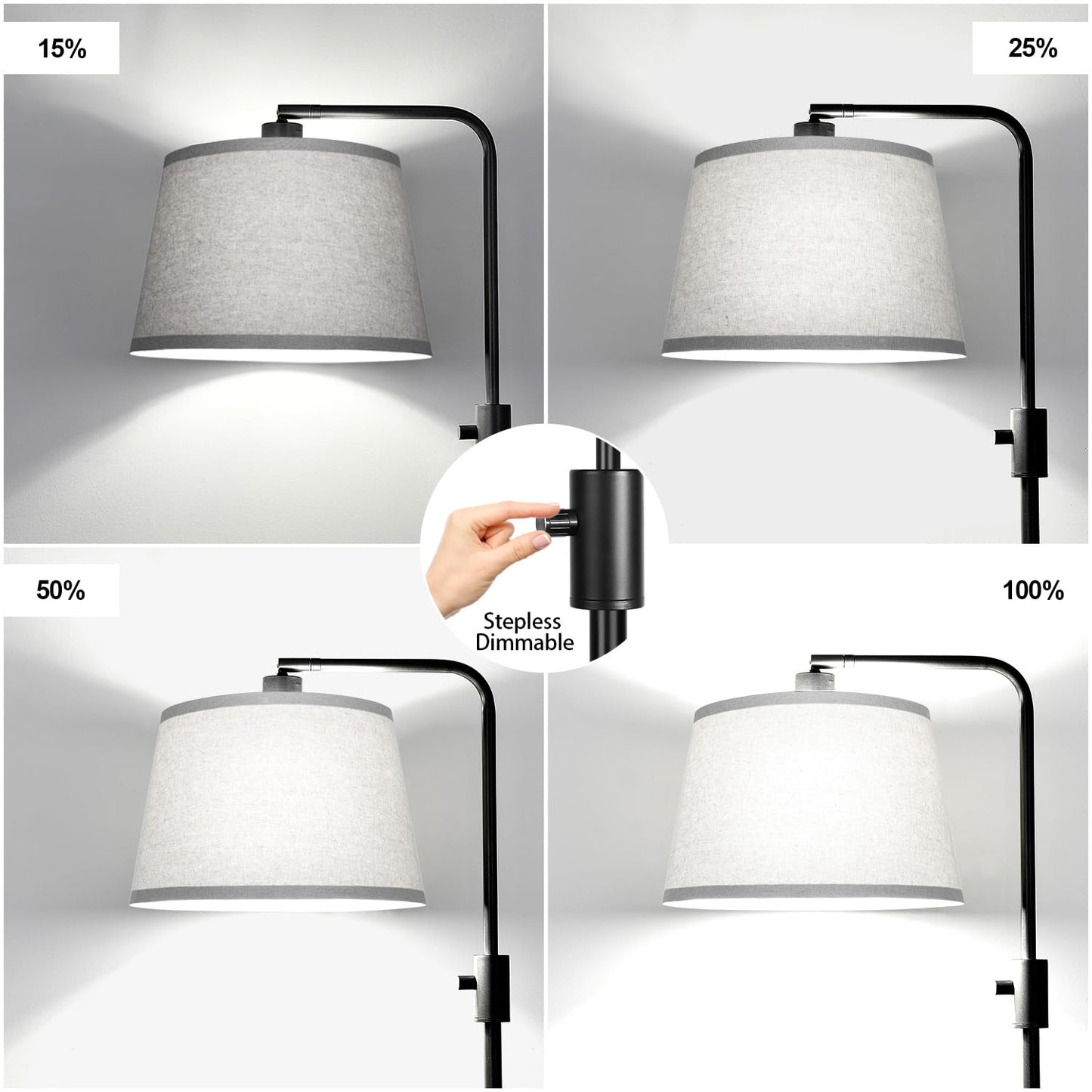 【Upgraded】 Dimmable Floor Lamp, 1000 Lumens LED Edison Bulb Included, Arc Floor Lamps for Living Room Modern Standing Lamp with Gray Shade, Tall Lamps for Living Room Bedroom Office Dining Room