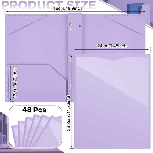 Henoyso 48 Pcs Plastic Folder with Clear Front Pocket and 3 Prongs Heavy Duty Plastic Folders with Card Slot Pocket Folders with Prongs for School Office Home(Light Purple)