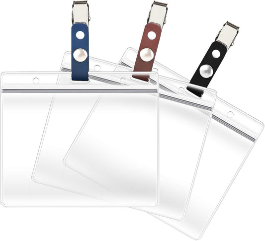 Skiennix ID Card Badge Holders - Waterproof Horizontal PVC Name Tags with Detachable Clips | 3 Pack