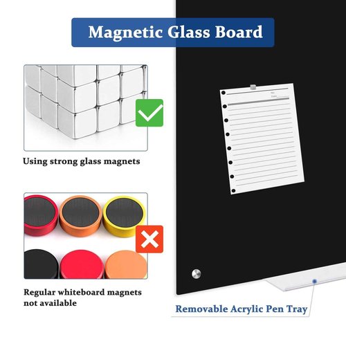 AMUSIGHT Black Dry Erase Board, 24" x 18" Magnetic Large Black Glass Board Frameless Wall Mounted Glass Whiteboard for Office, School & Home with 1 Acrylic Marker Tray & 3 Strong Magnet